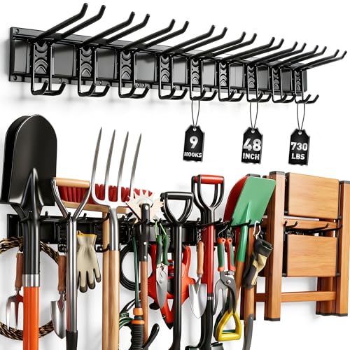 ELEAD 9-Pairs Heavy Duty Garage Tool Organizer Wall Mount Hooks 48 Inches 730 lbs Garden Tool Organizer with Adjustable Hooks Yard Tools Organizers for Garden Yard and Shed