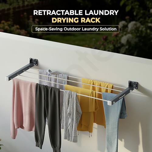 Image of Plantex GI Steel Foldable Wall Mount Cloth Drying Stand with 30 Ft Rope /Wall Hanging Clothes Dryer Rack for Indoor & Outdoor Use /Space-Saving Design for Laundry or Utility Room - Grey