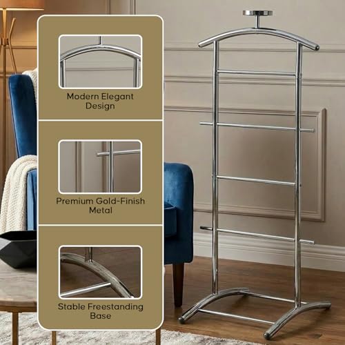 Image of Kings Brand Freestanding Metal Suit Valet Stand with Tie Bar, Chrome | Complete Clothing Organizer with Hanger, Trouser Bar & Shelf Keeps Jackets, Pants, Ties, Belts & Accessories Organized
