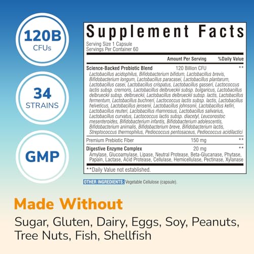 Vitalibre Probiotics for Women and Men, 120 Billion CFU 34 Strains, with Digestive Enzymes & Prebiotics, No Gluten, Gut Health, Digestive Health, Bloat Relief, 60 Veggie Caps — view 2