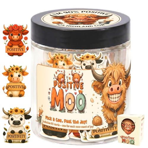 Positive Highland Cow Jar with 60 Affirmation Cards, Emotional Support Highland Cow Gifts, Stress Relief Gifts For Women, Teens, Men, Christmas Moo Highland Cow Decorations