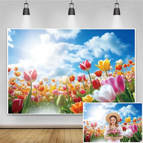 Renaiss 9x7ft Colorful Tulip Photo Backdrop Tulip Time Festival Sky