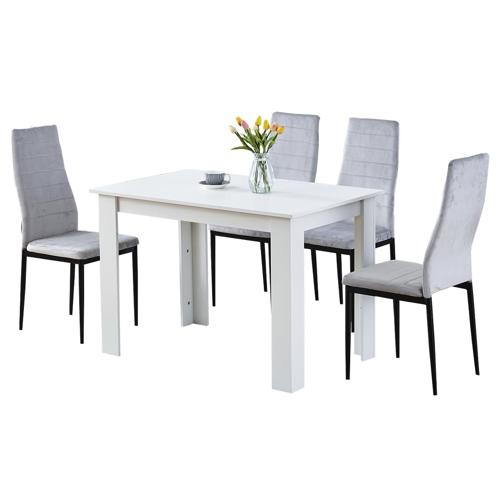 Homullel 5 Piece Dining Room Table and Chairs Set for Dining Room Kitchen, Modern Wooden Dining Table with Chairs for Family Dinner Set (With 4Pcs Grey Velvet Chairs, 110cm White Table)