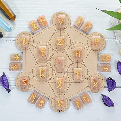 Crocon Sunstone rectangle shape gemstone runes with Elder Futhark Alphabet Engraved 25 pcs rune set Crystal Divination metaphysical Healing Chakra Reiki runes set with a pouch Size : 2025mm