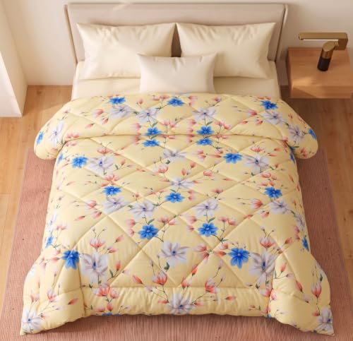 Image of HOMEKART 220 GSM Reversible Microfiber AC Comforter /Duvets for Mild Winter | All Season Single Size 3 Layered Quilted Blanket for Single Bed (230 cm x 150 cm,Lemon)