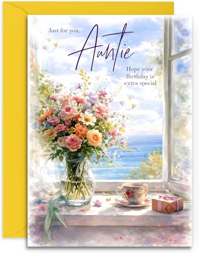Auntie Birthday Card - Summer Bouquet with Lovely Verse Inside - Traditional Birthday Card for Women from a Niece or Nephew - A5 Size Card with Yellow Envelope