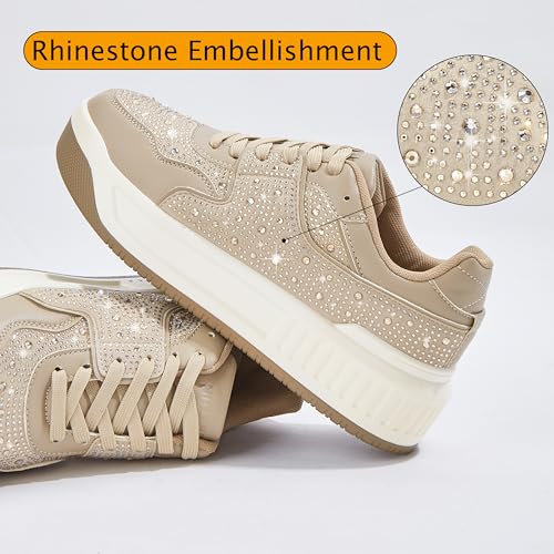 Niluber Women's Sparkle Rhinestone Chunky Sneakers White Leather Platform Tennis Shoes Lace Up Casual Walking Shoes (White, 6)3