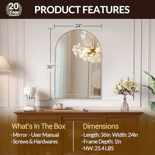 Image of MOON MIRROR Arched Mirror for Bathroom, Bathroom Mirrors for Over Sink, 24x36 inch Brushed Gold Non-Rusting Vanity Mirror in Brass Stainless Steel Metal Frame