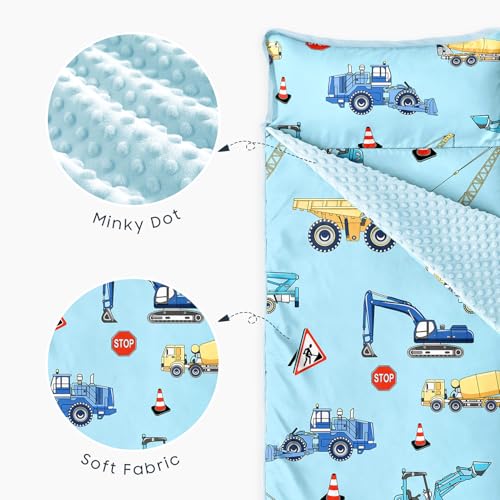 Image of Wake In Cloud - Toddler Nap Mat with Pillow and Minky Fleece Blanket, for Kids Boys Ages 3 Plus in Daycare Preschool Kindergarten, Roll Up Sleeping Bag, Construction Trucks