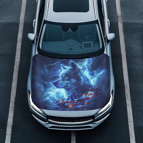 Image of Car Hood Cover for Compact Sedans SUV Trucks, 59x39 Inches Stretchable Auto Hood Wraps Vehicles Banner Automotive Exterior Accessories (Lightning Wolf USA Flag Design)