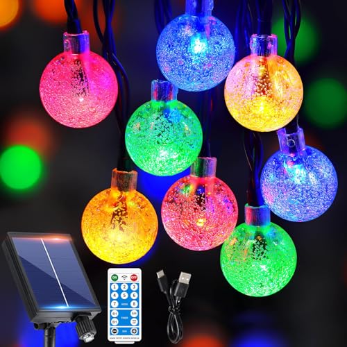 RJEDL Cadena de luces solares para exteriores, resistente a la intemperie, 12 m, 60 ledes, 8 modos, cadena de luces solares para exteriores, multicolor, impermeable, bolas de cristal solar,