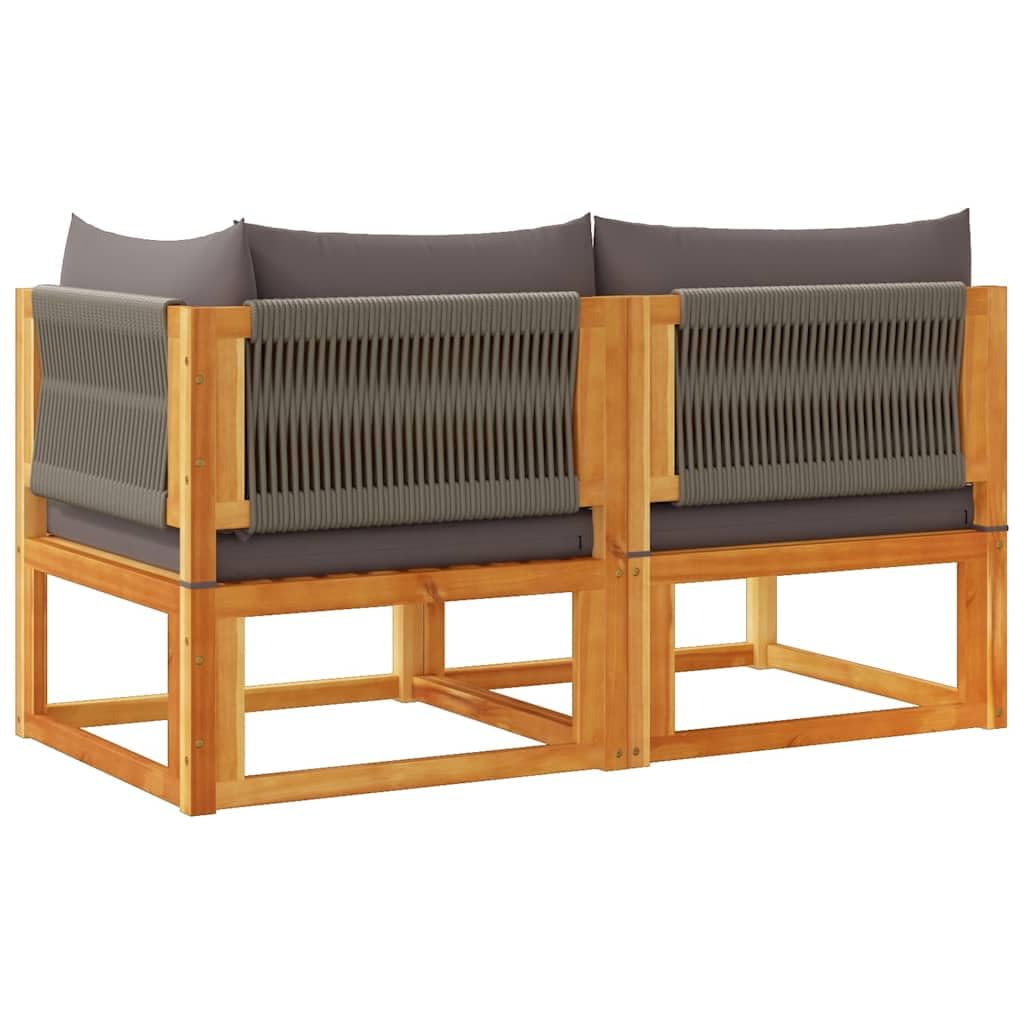 Divano da giardino a 2 posti, in legno di acacia massiccio con cuscini grigi e schienale in corda intrecciata, resistente alle intemperie, divano angolare per balcone, terrazza, esterno