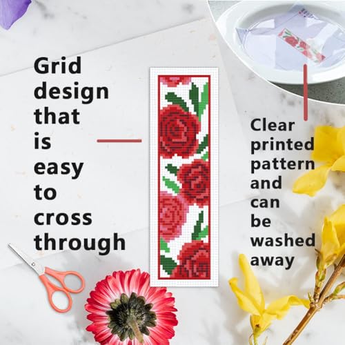 Image of INFUNLY 6pcs Red Rose Cross Stitch Bookmark Kits DIY Sunflower Peach Blossom Embroidery Bookmark Kits for Beginners with Instruction Blue Flower Bookmark Making Kit for Book Lovers Readers Women Gifts