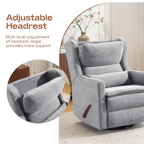 Image of Rocking Chair Nursery with Adjustable Headrest,Comfy Swivel Rocker Recliner with Lumbar Support, Manual Nursery Chair Rocker Recliner with Cup Holder and Side Pockets, Grey