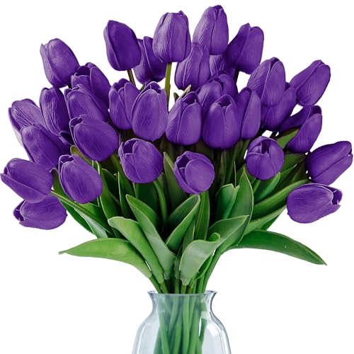 Image of Sggvecsy 15 Pcs Fake Tulips Artificial Flowers Real Touch PU Faux Flowers Tulip Stems for Wedding Spring Bouquet Floral Arrangement Home Party Office Decorations for Mother's Day (Purple)