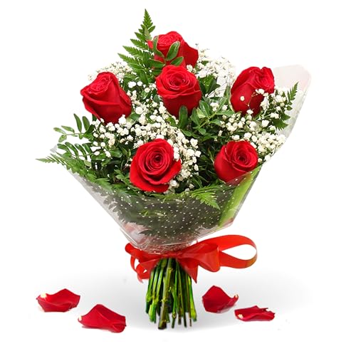 teleROSA Ramo 6 Rosas Rojas Naturales - Flores naturales a domicilio – Tú decides la fecha y el horario de entrega de lunes a sábado - Incluye tarjeta dedicatoria