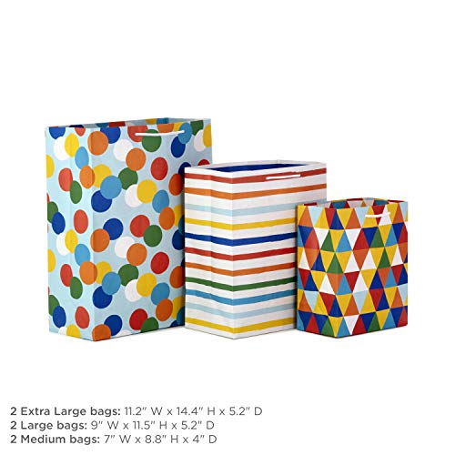 Hallmark Rainbow Gift Bag Assortment (6 Bags: 2 Medium 9", 2 Large 11", 2 Extra Large 14") Stripes and Dots in Red, Blue - Image 3