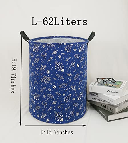 Image of Kids Laundry Hamper Clothes Gift Basket Storage Laundry Baskets Organizer Bin with Handles for Nursery Room (Navy Spaceship)