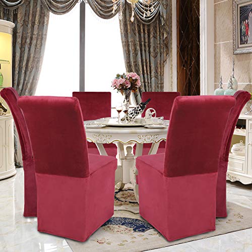 Colorxy Velvet Stretch Chair Covers For Dining Room, Soft Removable Long Solid Dining Chair Slipcovers Set Of 4, Burgundy #TOP6