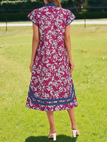 Image of Wenrine Womens Summer Floral Maxi Dress Casual Short Cap Sleeve V Neck Color Block Side Slit Loose Boho Beach Dresses