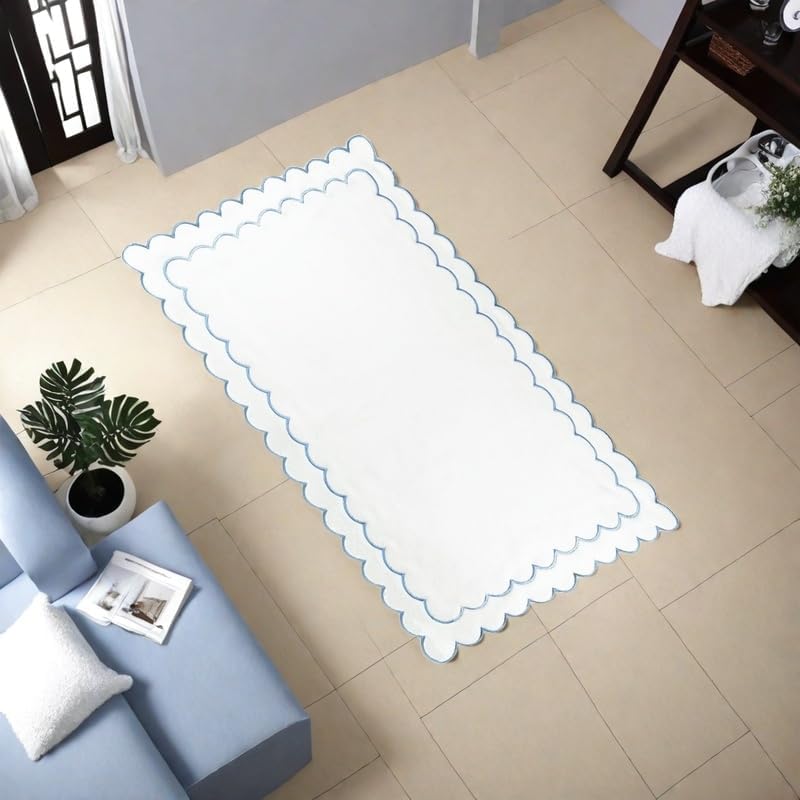  Scalloped Bath Mat Towel 100% Cotton Cute Bath Mats White Bath Rugs Embroidery Preppy Bathmats Bathroom Shower Floor Mats Blue Bathroom Decor (Blue, 27.6 x 18.9in, Classic) - Image 6