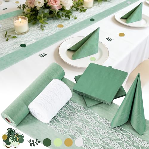 VIRETH HAUS Tischdeko Set Eukalyptus Grün, Vlies Tischläufer + Spitzenband Weiß + 40 Servietten + 100 Streuteile – für Kommunion, Taufe, Konfirmation, Hochzeit, Elegante Tischdeko für 20-40 Personen