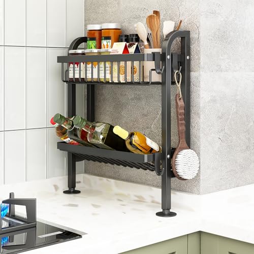 Mointal Especiero para Encimera, Estante de 2 Niveles con Apoyo de Pared y Ventosas, Organizador de Cocina sin Taladro, Negro