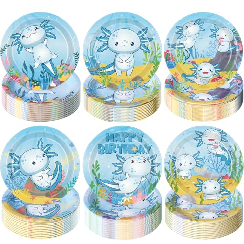 Gerrii 60 Pcs Axolotl Birthday Party Decorations 7 Inch Blue Axolotl Plates Reptile Animals Disposable Dinner Plates Cute Cartoon Party Tableware for Kids Boys Girls Birthday Supplies Baby Shower