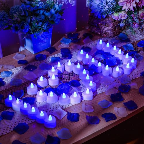 Image of Honoson 1000 Pieces Artificial White Blue Rose Petals with 24 Pcs Flameless Heart Shaped LED Tealights Candles Special Romantic Night Decorations for Proposal Wedding Anniversary Table Decor