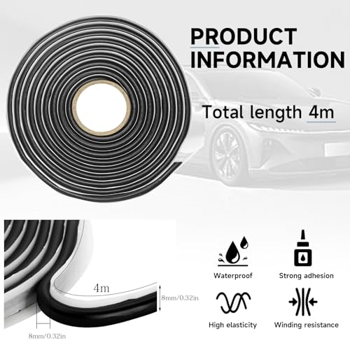 Butylrundschnur Butylband Schwarz 8mm x 4m Butyl Klebeband Butylschnur Butyl Dichtband Selbstklebend für Auto-LKW-Scheinwerfer Fenstertür Windschutzscheibe