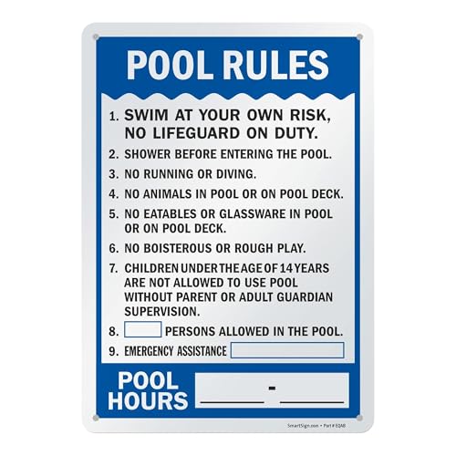 SmartSign 14" x 10" 'Pool Rules - Swim At Your Own Risk, Shower Before Entering, Emergency Assistance, Pool Hours' Write-On Metal Sign, 40 mil Laminated Aluminum, Blue/Black/White, USA-Made