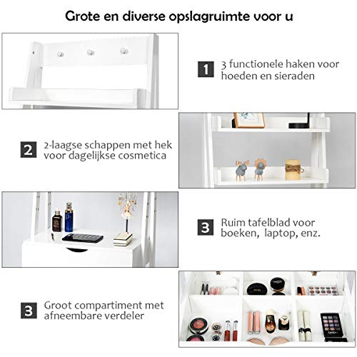 COSTWAY Kaptafel set met openen bovenkant spiegel, make-up tafel set met 3 haken & 2 opbergplank, 6 verwijderbare… - Image 5