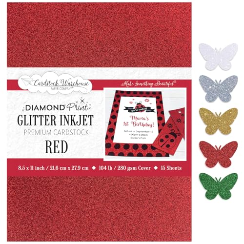 Cardstock Warehouse Diamond Print Inkjet Glitter - Premium Red Glitter Cardstock Paper – 15 Sheets, 8.5 x 11" - 104 lb/280 GSM for Inkjet Printing, Die-Cutting, Card Making, Crafts, and DIY Projects