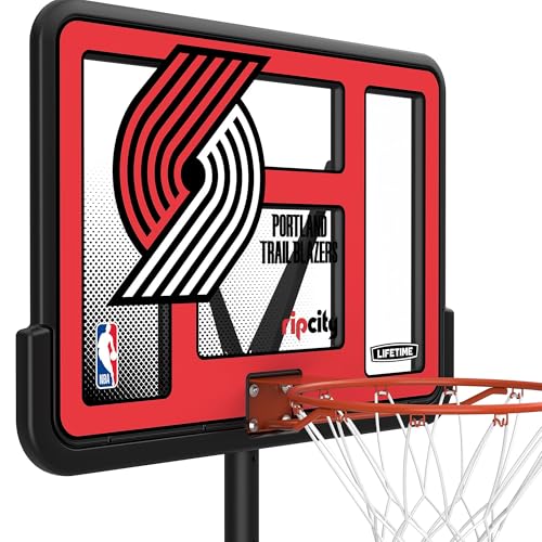 Image of Lifetime NBA Portland Trail Blazers Portable Basketball Hoop, Adjustable Height 7.5-10 Ft, 44 Inch Shatterproof Fusion Backboard, Base with Wheels
