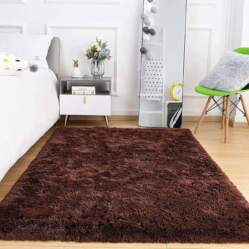 Image of Ultra Soft Brown Microfiber Shaggy Floor Carpet 2x5 Feet, Handmade with Thick Plush Fabric, Non Slip Base, Perfect for Modern Living Rooms, Bedrooms and Hall Spaces