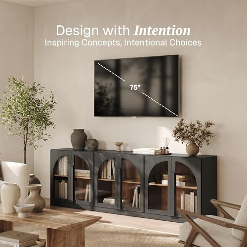 Image of BELLEZE Bijou Set of 3 Modular Sideboard Cabinets (94.5 inch Extra Long) - 6-Door Media Console - Modern Arched Glass Buffet Credenza for Large Kitchen & Living Area- Ebony
