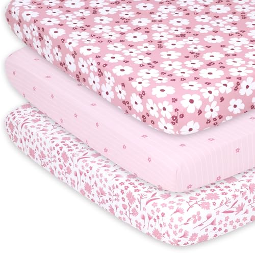 Image of The Peanutshell 3-Pack Fitted Playard Sheets - Soft & Breathable Baby Girl Mini Crib Sheets, Pack N Play Mattress, Fits Standard Playard Pack Play Mattresses - Daisy