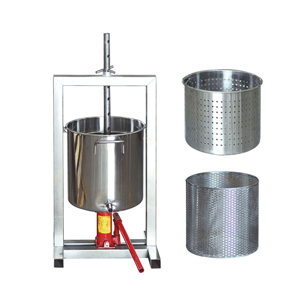 Fruit Press Crusher 304 Stainless Steel Cider Wine Juice Press Grinder Hydraulic Jack Pressing Plate Juice Making Grinder Pulping Machine Household Winemaking Filter Equipment (304-20L)