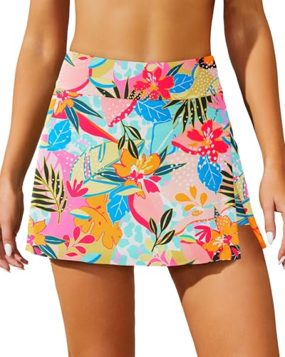 Image of Women Swim Skirt Tummy Control Swimsuit Skirt with Built-in Shorts High Waisted Split Swim Bottom (Available in Plus)