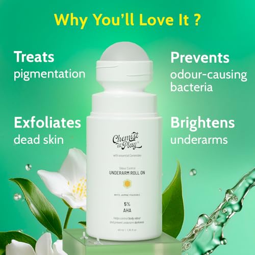 Image of Chemist At Play UnderArm Roll-On with 5% AHA, Lactic Acid & 1% Mandelic Acid | Prevents Body Odour, Brightens Skin & Exfoliates Underarm | Sensitive Skin | White Jasmine Fragrance | Alcohol Free-40ml