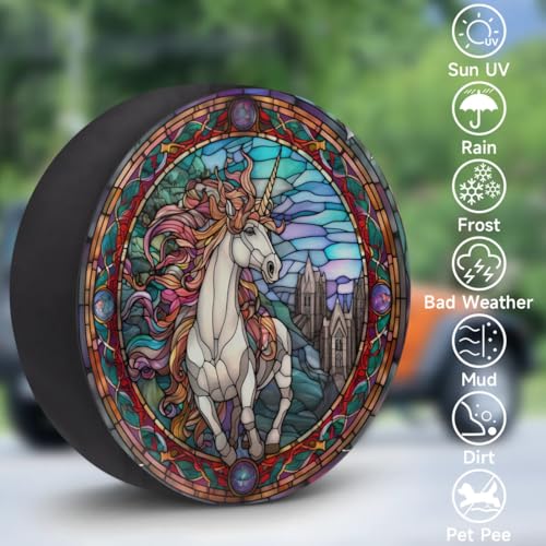 Image of Spare Tire Cover for RV Trailer, Glass Unicorn Tire Covers Universal Fit for Travel Trailer Camper Jeep RV SUV Truck Waterproof Wheel Cover (17 inch for Diameter 31 inch - 33 inch),A-26
