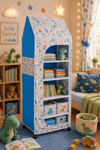 Image of YouCopia Baby Wardrobe Plastic Kids Storage Rack with Fabric Cover & Wheels | 6-Tier Plastic Shelves Organizer | Toy, Book & piceLiner Spice Drawer Liner, Kids Room (Dinosaur)