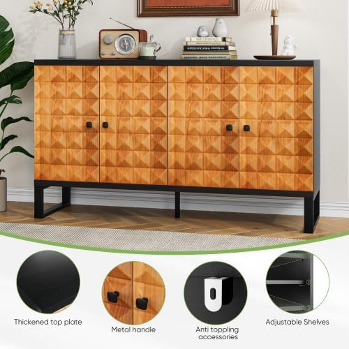 Sideboard Buffet Kitchen Storage Cabinet with 4 Doors, Accent Cabinet with Adjustable Shelves, Multifunctional Console Table for Living Room, Kitchen, Entryway, Hallway