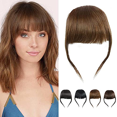 Thick Hair Bangs Real Human Hair French Bang Clip in Fringe Hair Extension Unprocessed Fringe, Light Brown Color
