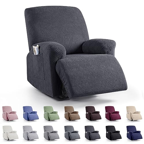 Image of KinCam Recliner Covers, Stretch Reclining Chair Covers, Recliner Sofa Slipcovers Stripe Jacquard Recliner Couch Covers Furniture Protector Covers for Pet Kid (1 Seater, Charcoal Gray)