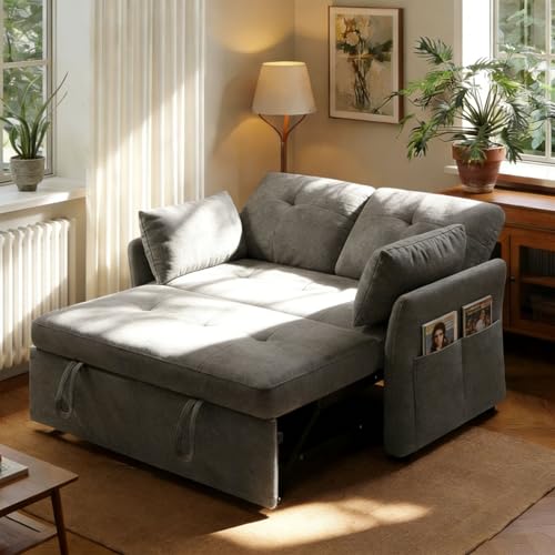 Wumagin 3-in-1 Schlafsofa mit 5-stufig Verstellbarer Rückenlehne, Schlafcouch mit 2X Kissen und 2X Seitentasche,Graues Leinen 2 sitzer Sofa für Gästezimmer & Kleine Räume