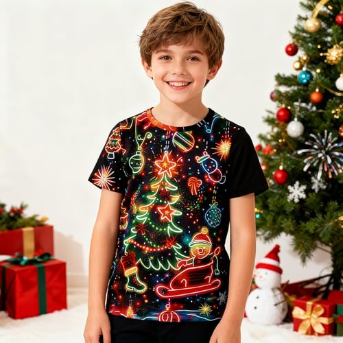 Image of uideazone Christmas Neon Tshirts for Boys Kids 13T Christmas Tree Short Sleeve T-Shirt 3D Graphic Print Snowman Tee Shirts 13-14 Years