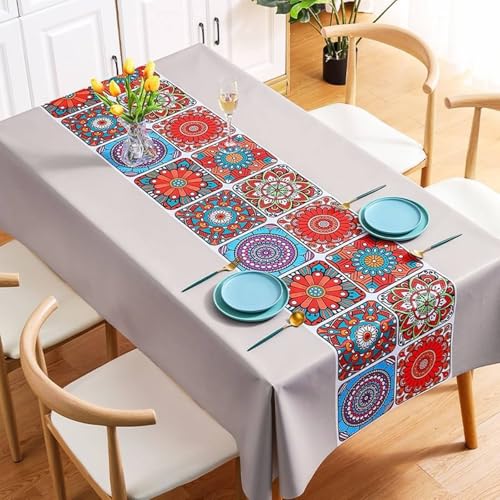 Homxi Nappe Table Rectangulaire Extérieure,90 W x 150 L CM,Nappe Extérieur PVC Motif Floral de Style Ethnique Gris Clair Nappe Anti Taches