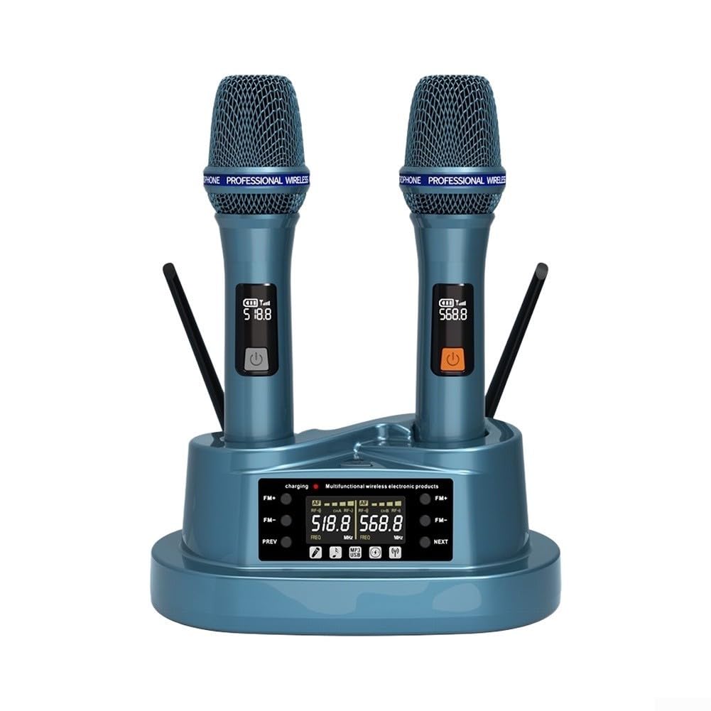 Magentic Wiederaufladbares UHF-Funkmikrofonsystem mit Dual-Handmikrofon, 79 m Reichweite, dynamischer Nieren-Tonabnehmer für Karaoke, Kirche, Partys und Events, Blau