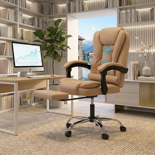 Image of Casa Copenhagen Italia Leatherette Office Chair for Work | Boss Chair, Ergonomic Executive, Luxurious Cushioned Arms & Seat, 2 Point Back Massager, Adjustable Leg Rest, Heavy Duty Metal Base (Beige)